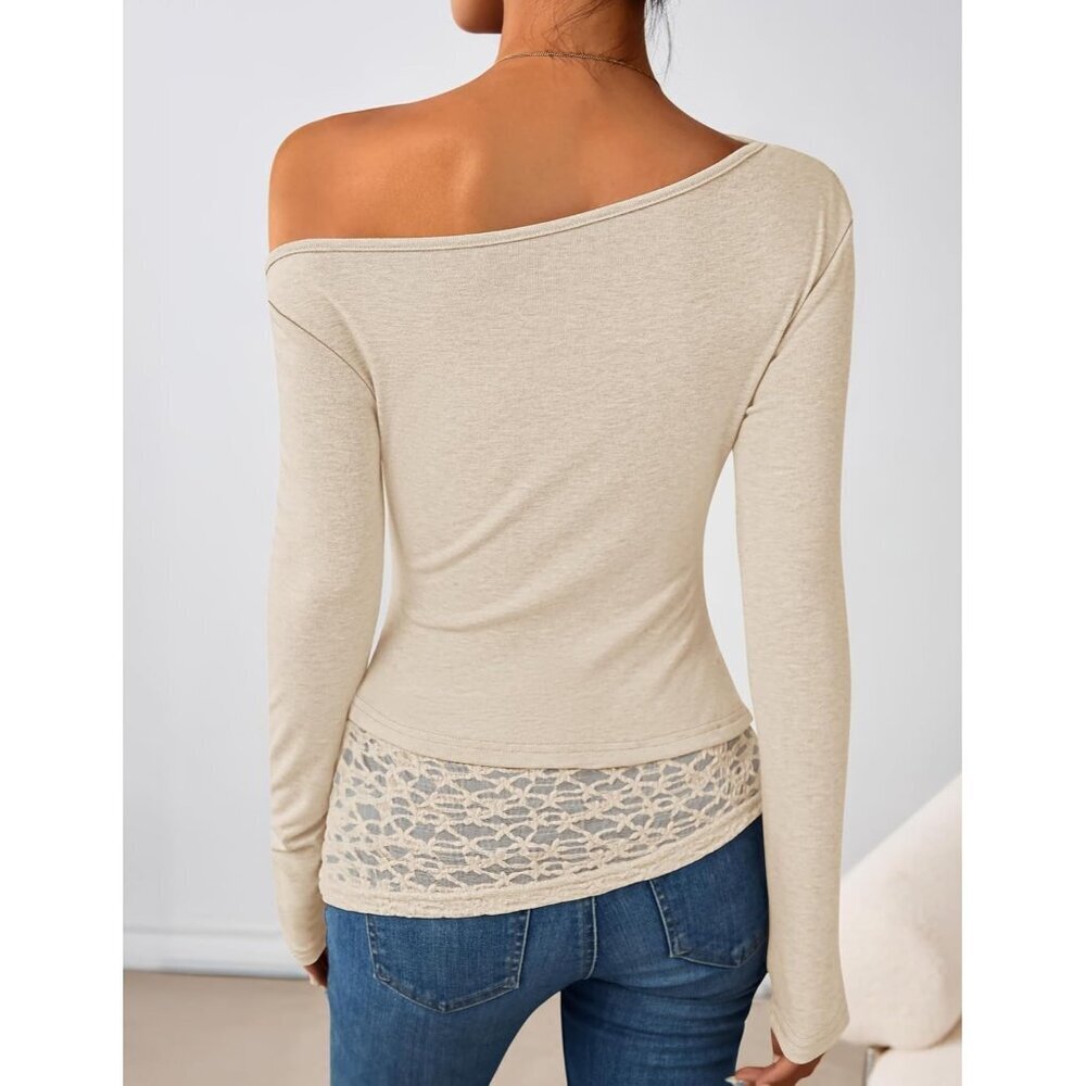 Women's Off Shoulder Apricot Long Sleeve Top Casual Lace Slim Fit Fall YK Blouse - Picture 3 of 5